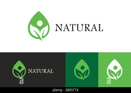 Natural Green Leaf and Water Drop Shape Logo Health Beauty Wellness Environment Stock Vector