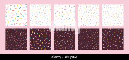 Simple Sprinkle Pattern. Set of Chocolate Donut glaze backgrounds. Small dashes in Rainbow colors. Vector Illustration in scandinavian style Stock Vector