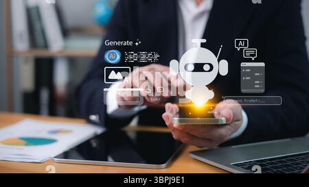 Businessman using AI chatbot and generative AI technology on smartphone for business automation, digital transformation, smart communication, virtual Stock Photo