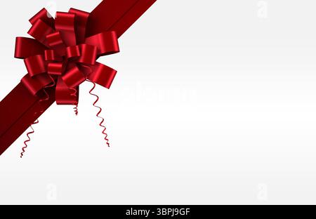 Featuring flat red satin ribbon bow with curled strands and diagonal strips on light-gray gradient Stock Photo
