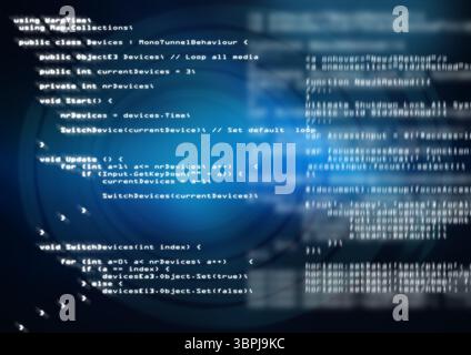 Displaying programming code in flat style on blue gradient editor window with glowing circular HUD Stock Photo