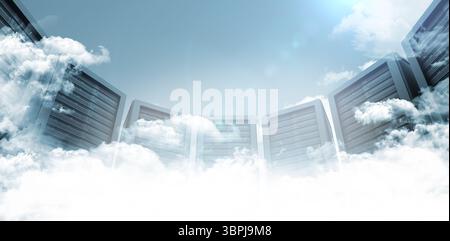 Cloud computing concept is emerging with server racks from white clouds in flat design Stock Photo