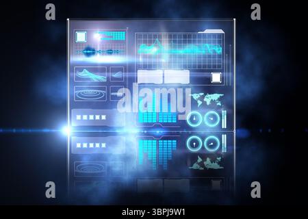 Displaying holographic data panel floating over blue void with glowing charts, map, circular dials Stock Photo