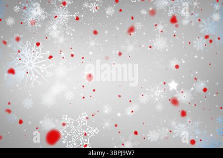Flat pattern is showing blue white snowflakes red dots white stars specks on grey gradient backdrop Stock Photo