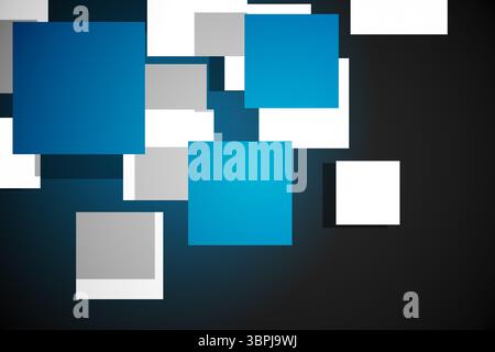 Overlapping blue, white and gray squares are floating on flat design with subtle gradient glow Stock Photo