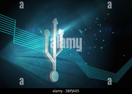 3D USB icon is floating in virtual circuit board environment, featuring neon blue circuit traces Stock Photo