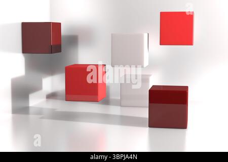 Six glossy red, white cubes are floating in minimalist 3D render studio space casting soft shadows Stock Photo