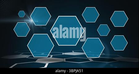 Large central hexagon panel floating above tiled floor in futuristic interface casting soft flare Stock Photo