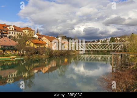 Bridge Over Krka River in Novo Mesto Slovenia, Novo Mesto, Slovenia, Europe Stock Photo