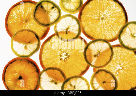 Transparent slices of lemon and orange in the light Stock Photo
