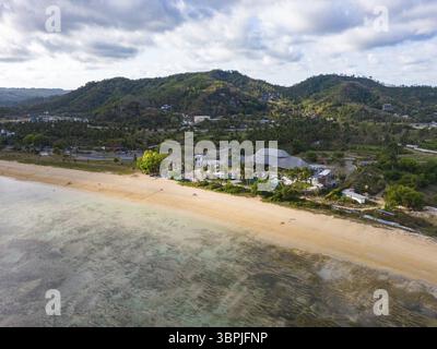 Lombok, Indonesia, Beach ocean drone aerial view landscape at Kuta Mandalika beach area. Lombok is an island in West Nusa Tenggara province, Indonesia Stock Photo