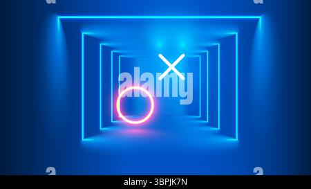Neon shapes circle and cross with bright shine on blue background. retro video gaming and cyberpunk futurism background. Hitech concept innovation Stock Vector