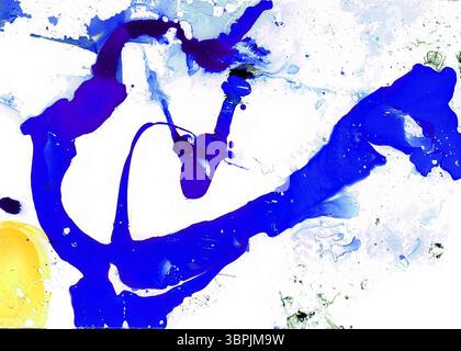 Abstract background consisting of chaotic spots of different colors, shades on white. Bright blue, light blue, yellow, gray. Spots seem to be spilled. Stock Photo