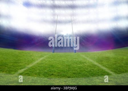Flat vector H-shaped goal post is standing on turf, white lines under stadium lights, copy space Stock Photo
