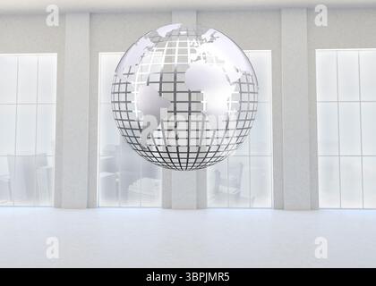 Silver globe floating in room Stock Photo