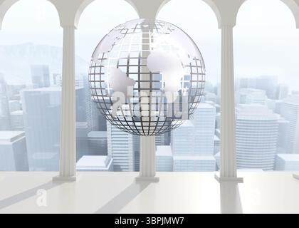 Silver globe floating in room Stock Photo