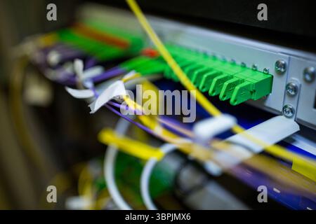 Fiber optic patch panel is displaying green ports and colored cables on rack in flat design Stock Photo