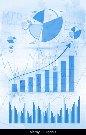 Flat data visualization is showing multiple pie charts, rising bars, trendline arrow, histogram Stock Photo