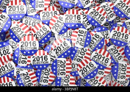 Flat style scattering of 2016 election buttons on flat surface, showing red stripes and blue stars Stock Photo