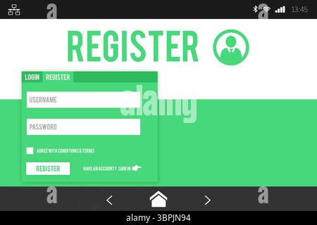 Displaying registration interface on smartphone with flat design green panel, form fields, icons Stock Photo