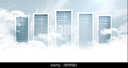Five server cabinets are floating amid billowy clouds in flat design representing cloud computing Stock Photo