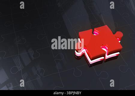 3D render is showing glossy red jigsaw puzzle piece resting on reflective board with faint outlines Stock Photo