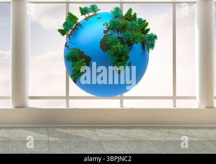floating tree-covered earth globe hovering in 3D render room, showing grid windows and marble floor Stock Photo