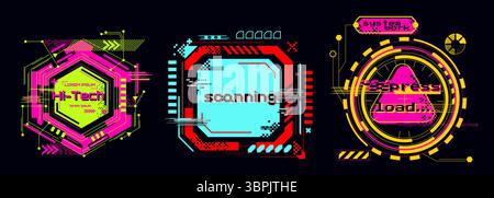 Cyberpunk glitch frame collection with neon colors - circular badge, triangular border design, hexagonal print element. Digital interface graphics for futuristic ui, tech overlays and gaming assets. Stock Vector