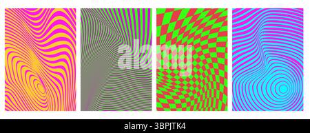 Abstract wave patterns with optical illusions - color neon psychedelic stripes with hypnotic distortion effects, checkered tunnel perspective for retro poster designs, trippy bg or graphics elements. Stock Vector
