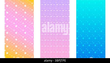 Gradient star patterns in pastel y2k colors - pink to yellow sparkles, purple diamond dots and turquoise sparkle designs. Retro aesthetic wallpapers for nostalgic bg and kawaii dreamy elements. Stock Vector