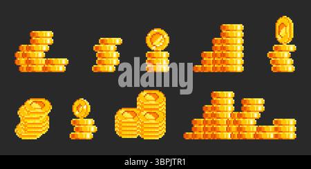Pixel gold coin stacks in retro 8 bit style - shiny yellow currency piles of various heights for arcade games. Bright metallic classic video game money icons for platformer treasure or casino themes. Stock Vector