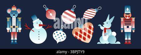 Holiday nutcracker figures with mouse king and soldier in uniform, snowman and bunny, xmas tree baubles and decorations with colorful ornaments. Christmas set on dark background for festive cards. Stock Vector