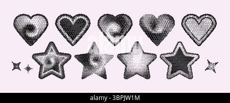 Pixel art hearts and stars with halftone gradient effects made of black dots. Retro game graphics collection with various textures of scattered points for vintage y2k digital design elements. Stock Vector