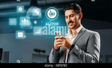 Professional man engaging with AI chat technology in a modern office environment during the day Stock Photo