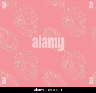 Seamless pattern of linear green halves of strawberries on a pink background. Ideal for packaging, backgrounds and object design. Stock Vector