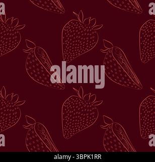 Seamless pattern with a line drawing of whole strawberries and their halves on a burgundy background. Hand-drawn outline fruits in red tones. Stock Vector