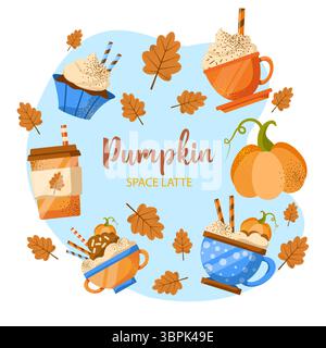 Set of coffee desserts in a mug. Vector illustration on a blue background. Pumpkin spice latte, tea, cappuccino with cream and cupcake. Stock Vector