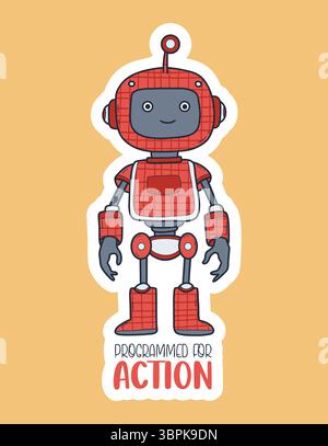 Futuristic Happy funny Robot sticker. Virtual Technology Assistant with cool slogan. Vector illustration. Avatar character mascot. Not AI Stock Vector