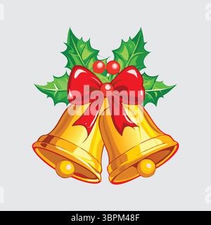 "Golden Christmas Bells with Red Bow and Holly Decoration" Stock Vector