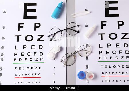 Vision test charts, glasses, tweezers, lenses and bottles of medical ...