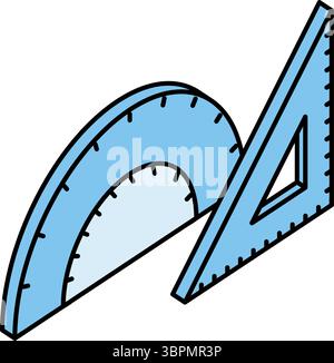 Simple line drawing icon of a triangular ruler and protractor used in arithmetic, isometric illustration, Vector Illustration Stock Vector