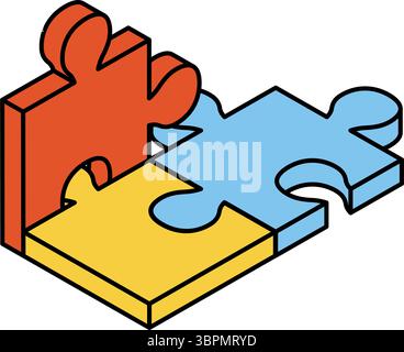 Isometric Line Icon of Connected Puzzle Pieces – Simple Vector Illustration for Education and Problem Solving, Vector Illustration Stock Vector