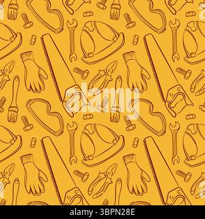 Seamless repair tools pattern in line art style with gloves, saw, pliers, wrench, helmet, brush, bolts and goggles on a yellow background for Stock Vector
