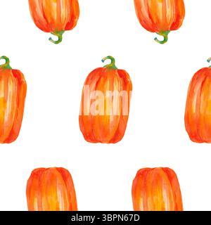 Pumpkin. Watercolor seamless pattern with bright orange pumpkins isolated on white For seasonal packaging, wrapping paper, poster, fabric print, banne Stock Photo