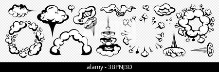Cartoon comic smoke and cloud explosion set isolated on transparent background. Vector puff, trail, and boom effects in black outline. Ideal for Stock Vector
