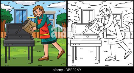 BBQ and Grilling Mom Pouring Coal Illustration  Stock Vector