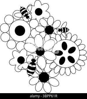 Flowers and honey bees composition. Vector graphic line illustration. Banner, poster, wrapping paper, sticker, print, modern textile design. poster, i Stock Vector