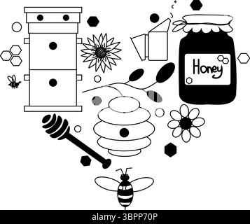 Honey Design with Glass Jars with Pure and Natural Sweet Food from Sugary Nectar Vector Heart Shaped composition. Vector graphic line illustration. te Stock Vector