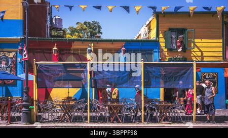 Buenos Aires, Argentina—February 20, 2025.  Photo of a colorfully painted outdoor bar and restaurant in the La Boca neighborhood in Buenos Aires, Arge Stock Photo