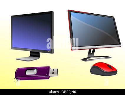 Flat computer monitor. Display. Mouse and disk on key. Hand drawn Vector illustration Stock Vector